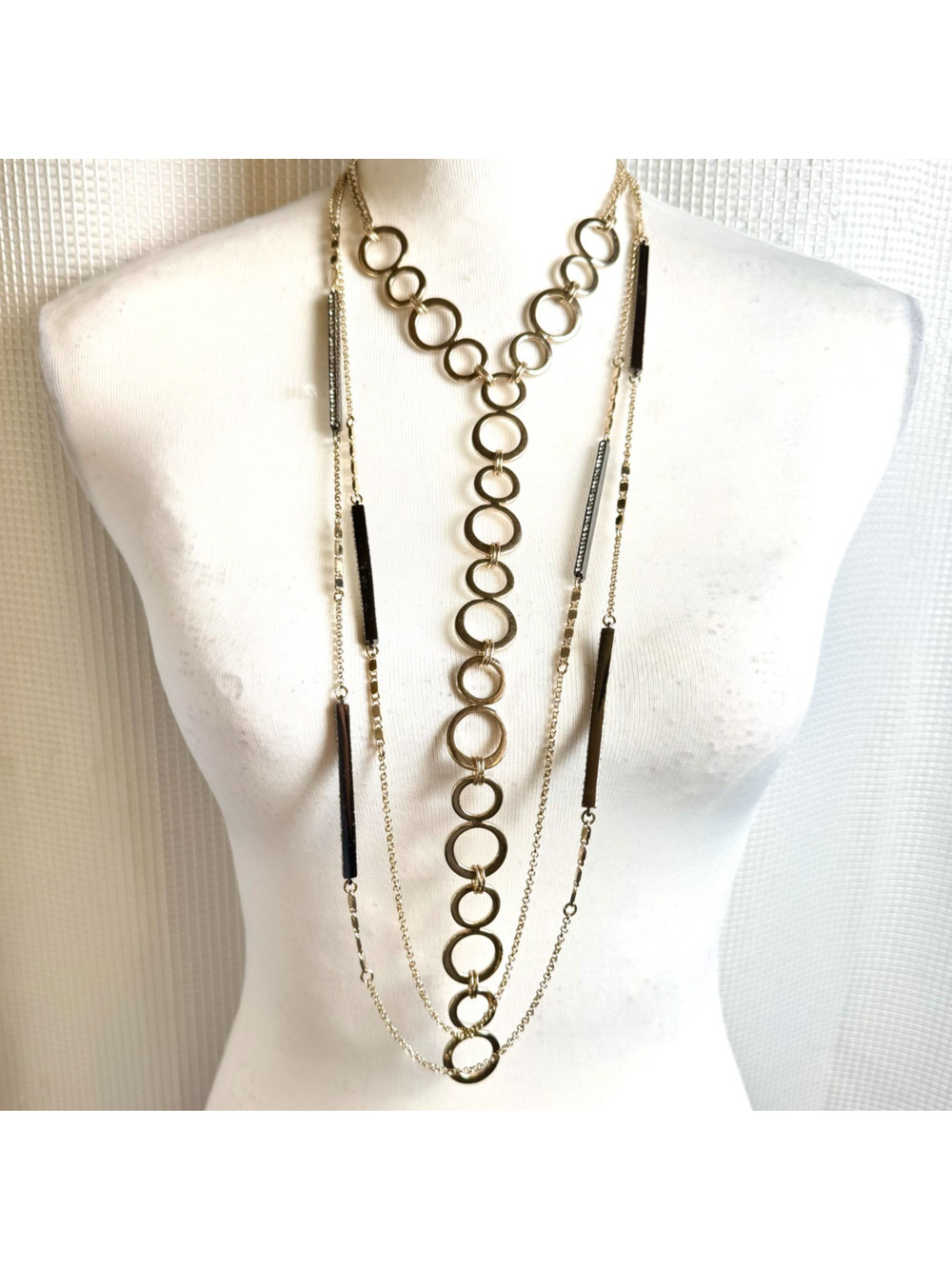 White House Black Market Necklace Stack Long Two Tone Rhinestone Station Y Drop